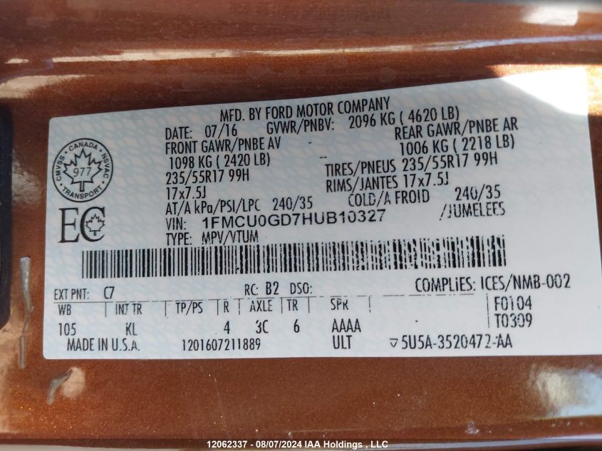 2017 Ford Escape Se VIN: 1FMCU0GD7HUB10327 Lot: 12062337