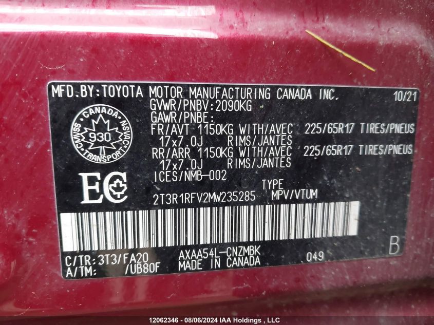 2021 Toyota Rav4 Xle VIN: 2T3R1RFV2MW235285 Lot: 12062346