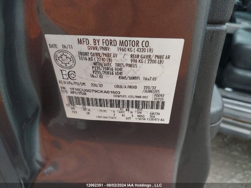 2012 Ford Escape Xlt VIN: 1FMCU0D79CKA01600 Lot: 12062351