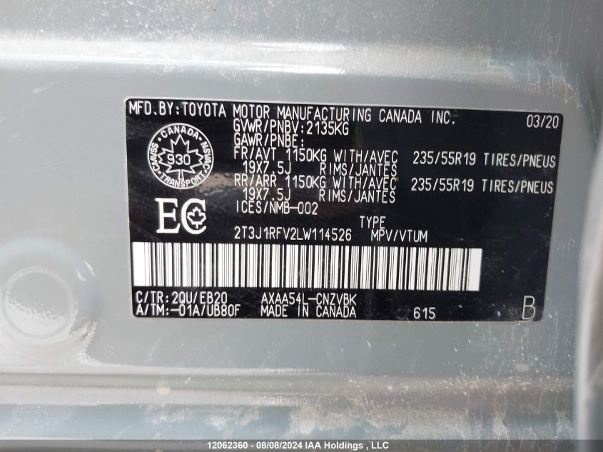 2020 Toyota Rav4 VIN: 2T3J1RFV2LW114526 Lot: 12062360