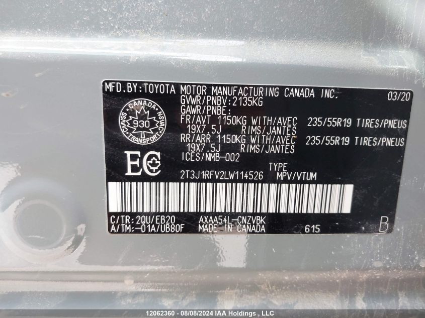 2020 Toyota Rav4 VIN: 2T3J1RFV2LW114526 Lot: 12062360