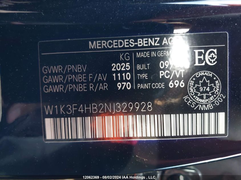 2022 Mercedes-Benz A-Class VIN: W1K3F4HB2NJ329928 Lot: 12062369