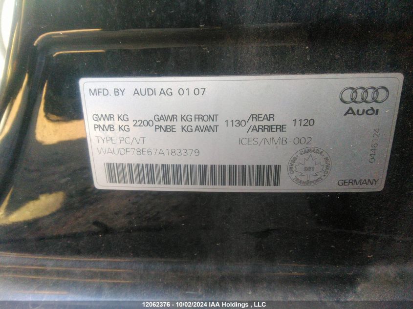 2007 Audi A4 VIN: WAUDF78E67A183379 Lot: 12062376