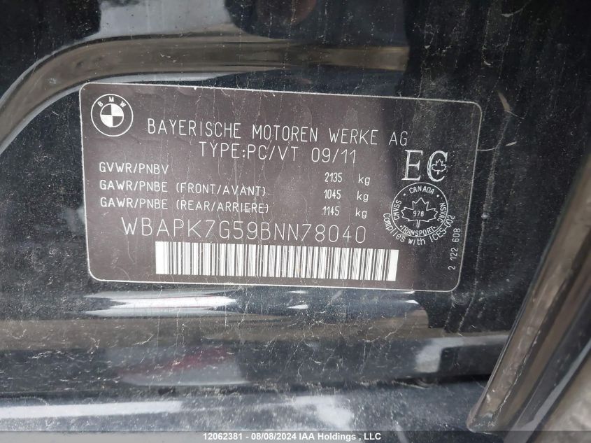 2011 BMW 3 Series VIN: WBAPK7G59BNN78040 Lot: 12062381