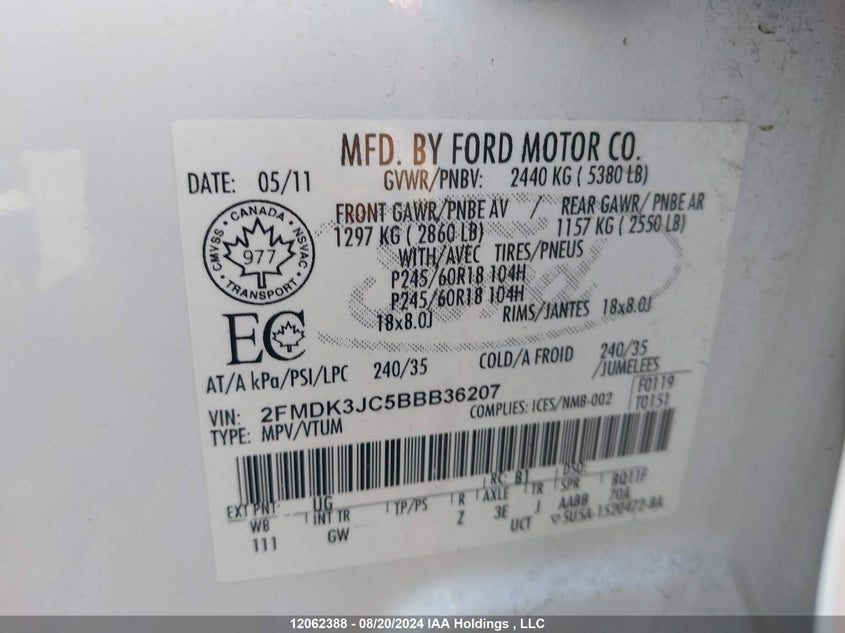 2011 Ford Edge Sel VIN: 2FMDK3JC5BBB36207 Lot: 12062388