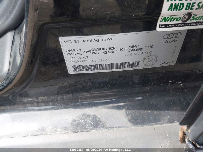 2008 Audi A4 VIN: WAUEF68EX8A102223 Lot: 12062389