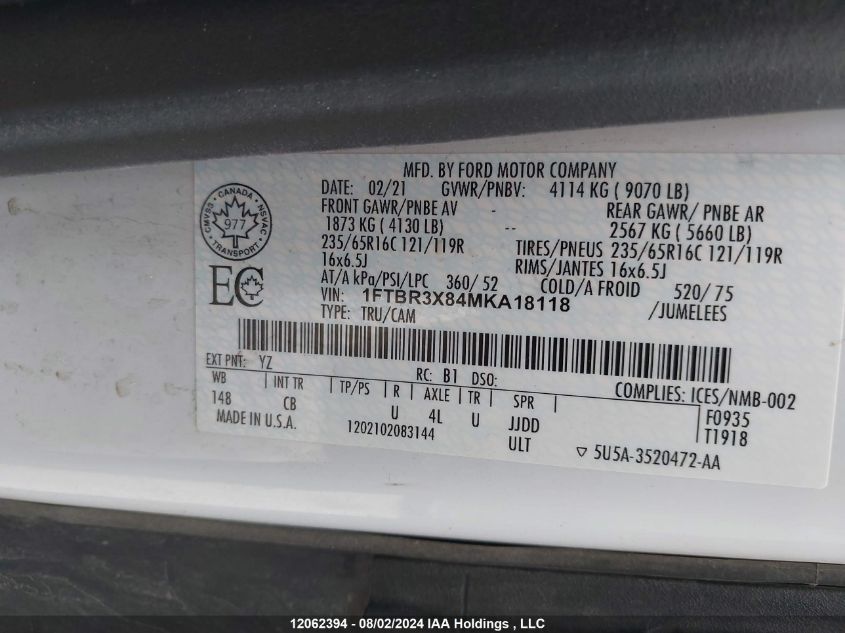 2021 Ford Transit T-250 VIN: 1FTBR3X84MKA18118 Lot: 12062394