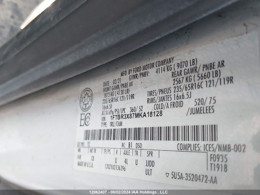 2021 Ford Transit T-250 VIN: 1FTBR3X87MKA18128 Lot: 12062407