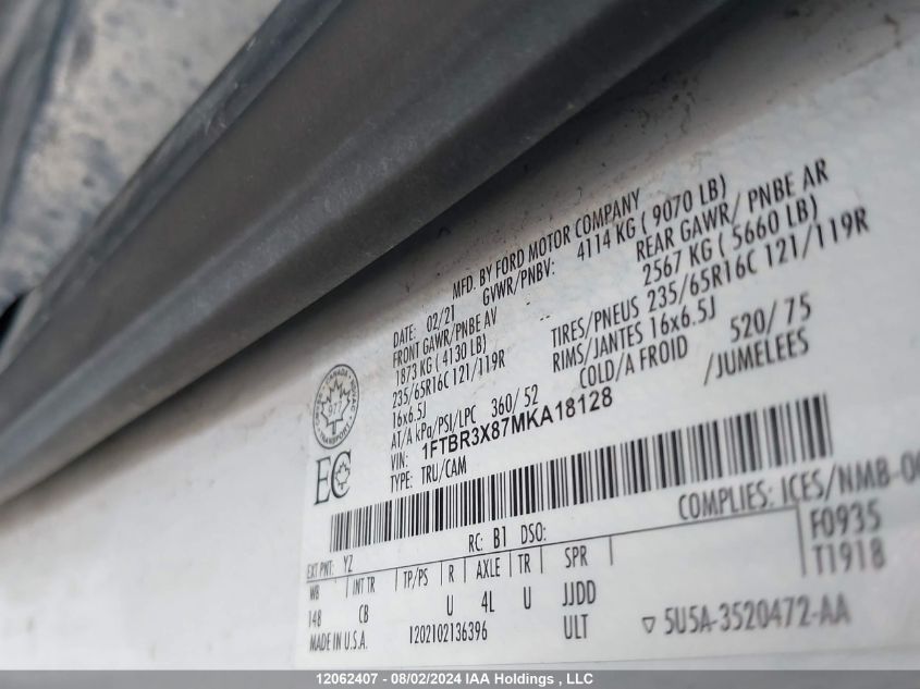 2021 Ford Transit T-250 VIN: 1FTBR3X87MKA18128 Lot: 12062407