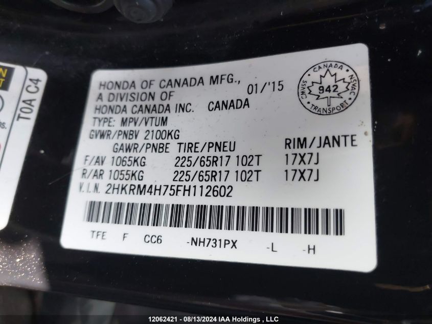 2015 Honda Cr-V VIN: 2HKRM4H75FH112602 Lot: 12062421