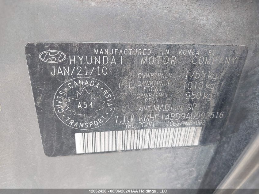 2010 Hyundai Elantra VIN: KMHDT4BD9AU992516 Lot: 12062428
