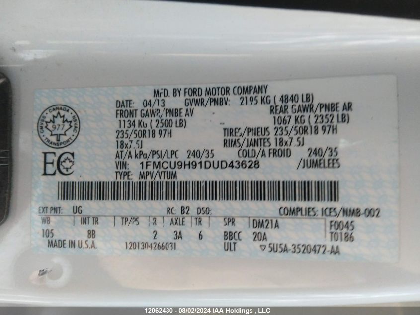 2013 Ford Escape Sel VIN: 1FMCU9H91DUD43628 Lot: 12062430