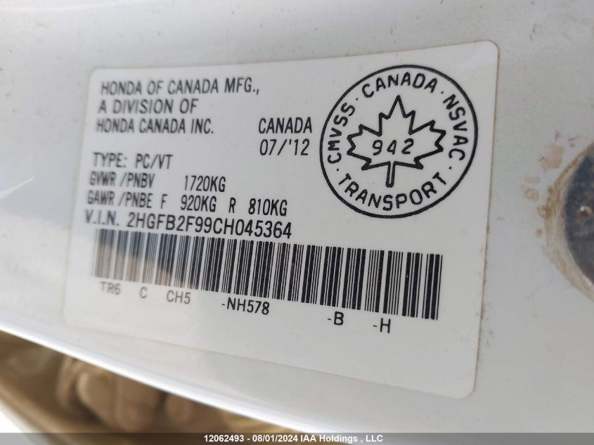 2012 Honda Civic Sdn VIN: 2HGFB2F99CH045364 Lot: 12062493