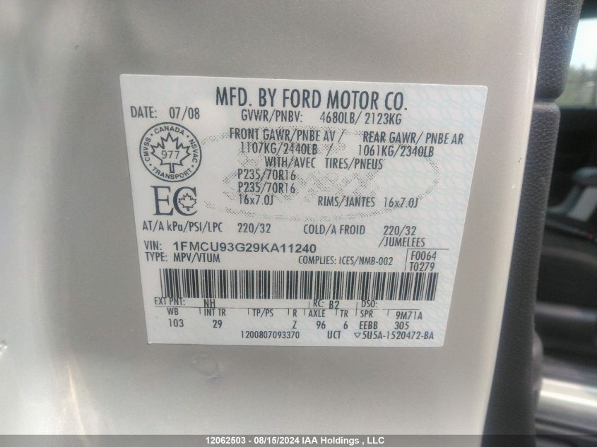 2009 Ford Escape Xlt VIN: 1FMCU93G29KA11240 Lot: 12062503