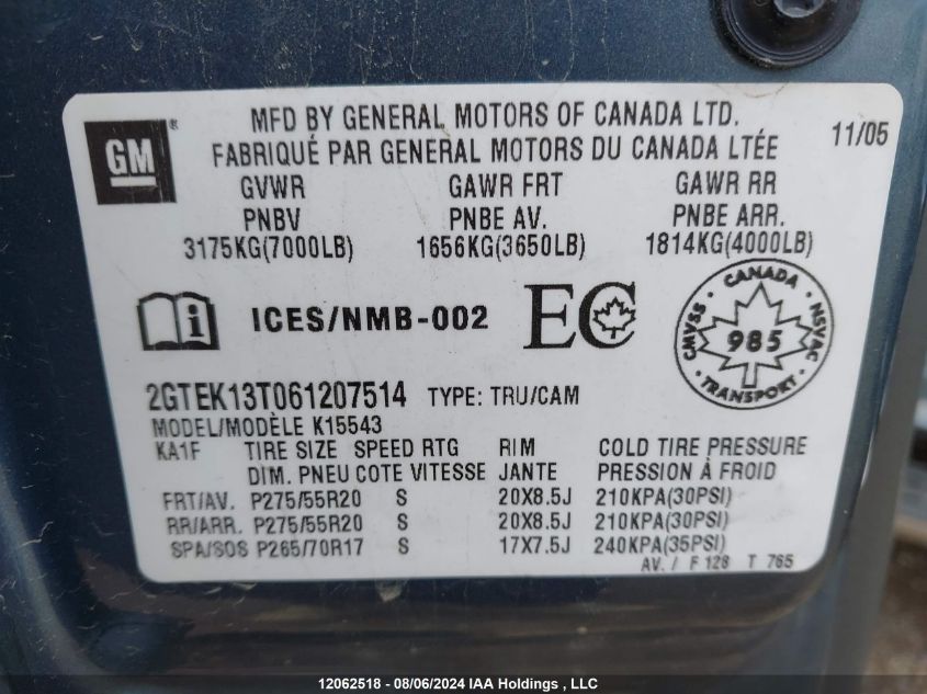 2006 GMC Sierra 1500 VIN: 2GTEK13T061207514 Lot: 12062518