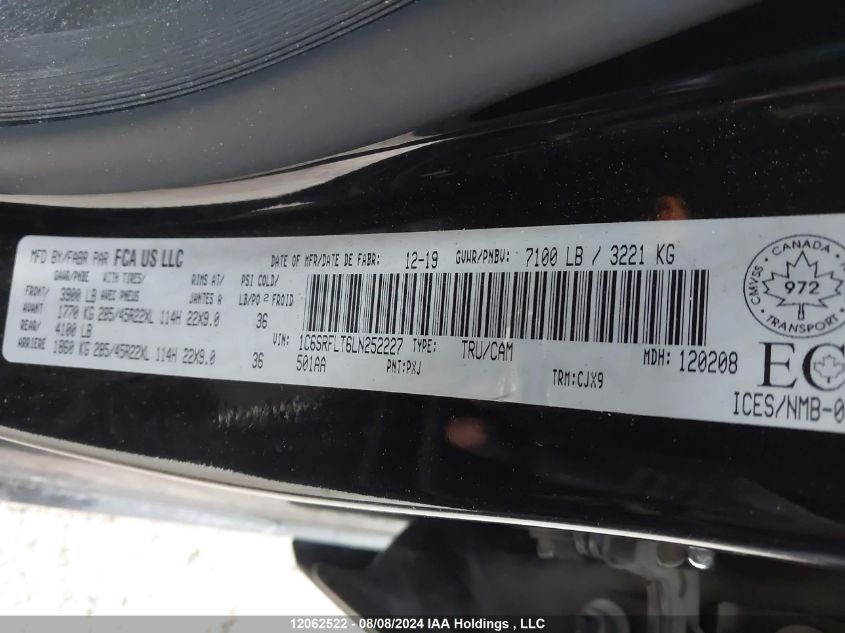 2020 Ram 1500 Rebel VIN: 1C6SRFLT6LN252227 Lot: 12062522