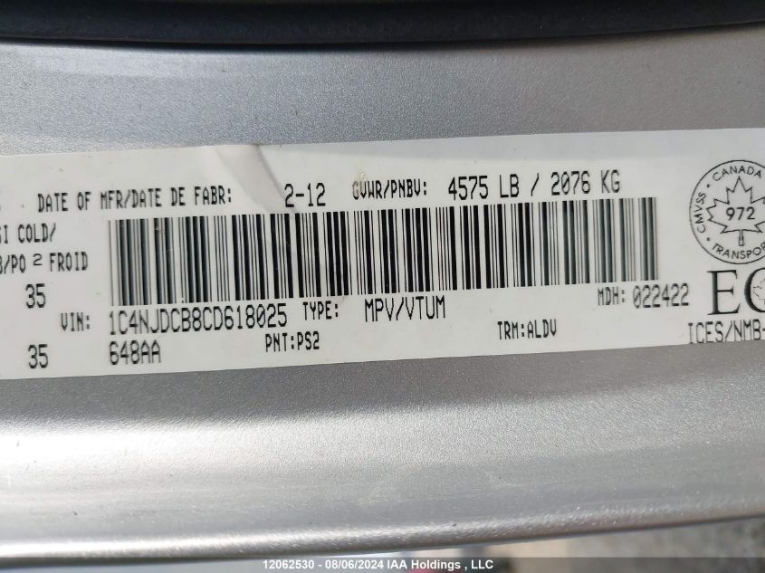 2012 Jeep Compass Limited VIN: 1C4NJDCB8CD618025 Lot: 12062530