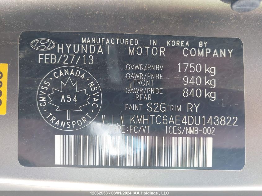 2013 Hyundai Veloster Turbo VIN: KMHTC6AE4DU143822 Lot: 12062533