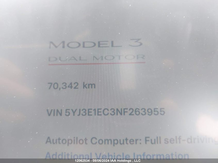 2022 Tesla Model 3 VIN: 5YJ3E1EC3NF263955 Lot: 12062534