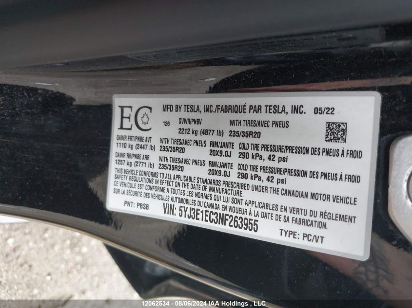2022 Tesla Model 3 VIN: 5YJ3E1EC3NF263955 Lot: 12062534