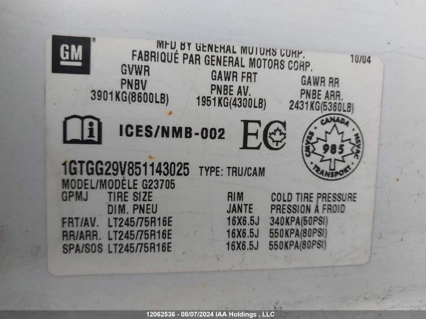 2005 GMC Savana Cargo Van VIN: 1GTGG29V851143025 Lot: 12062536