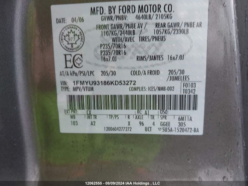 2006 Ford Escape VIN: 1FMYU93186KD53272 Lot: 12062555