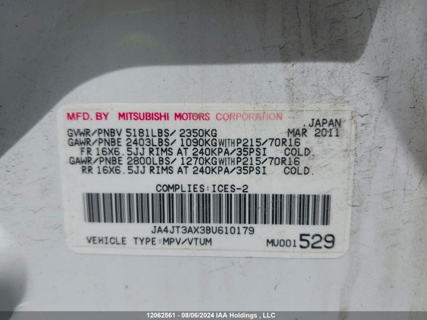 2011 Mitsubishi Outlander VIN: JA4JT3AX3BU610179 Lot: 12062561