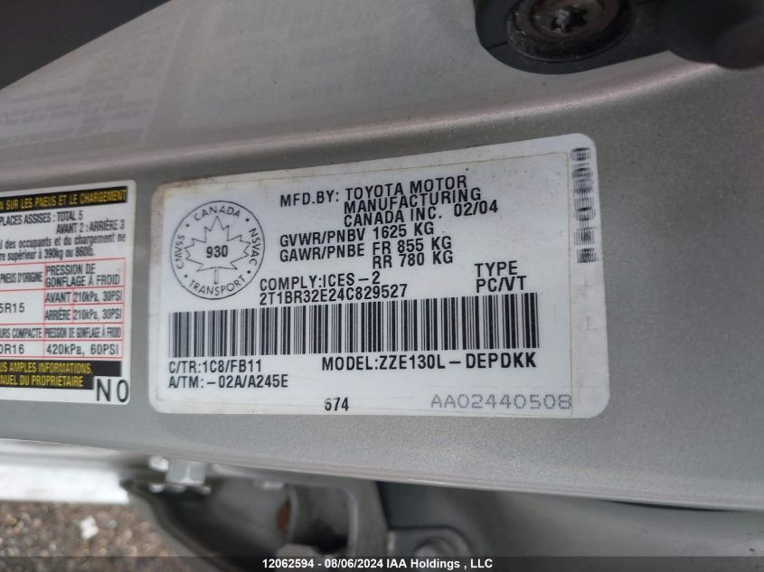 2004 Toyota Corolla Ce/Le/Sport VIN: 2T1BR32E24C829527 Lot: 12062594