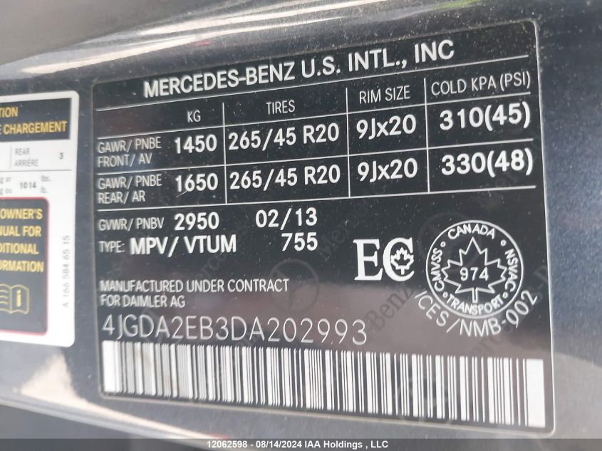 2013 Mercedes-Benz Ml-Class VIN: 4JGDA2EB3DA202993 Lot: 12062598