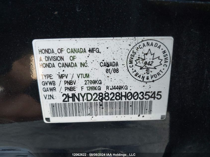 2008 Acura Mdx Sport VIN: 2HNYD28828H003545 Lot: 12062622