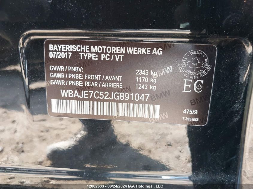 2018 BMW 5 Series VIN: WBAJE7C52JG891047 Lot: 12062633