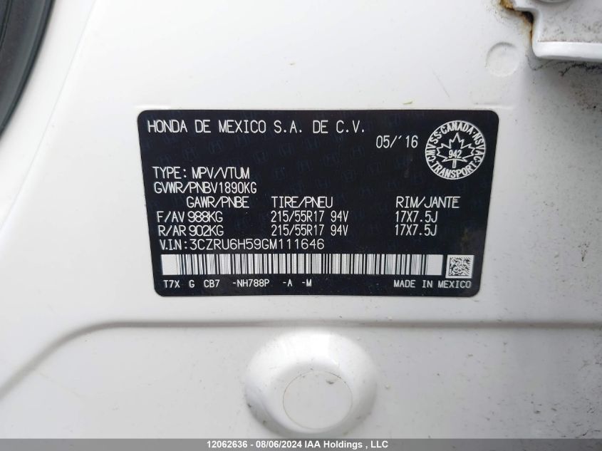 2016 Honda Hr-V VIN: 3CZRU6H59GM111646 Lot: 12062636