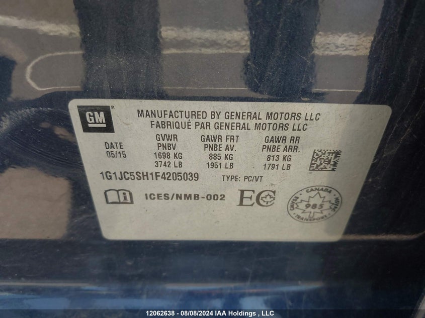 2015 Chevrolet Sonic VIN: 1G1JC5SH1F4205039 Lot: 12062638
