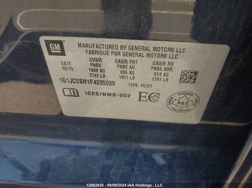 2015 Chevrolet Sonic VIN: 1G1JC5SH1F4205039 Lot: 12062638