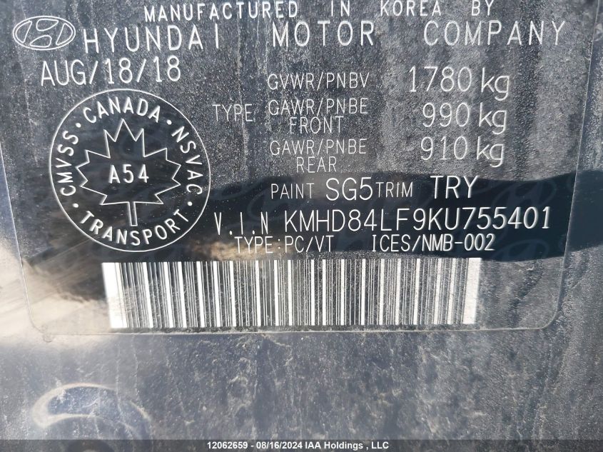 2019 Hyundai Elantra VIN: KMHD84LF9KU755401 Lot: 12062659