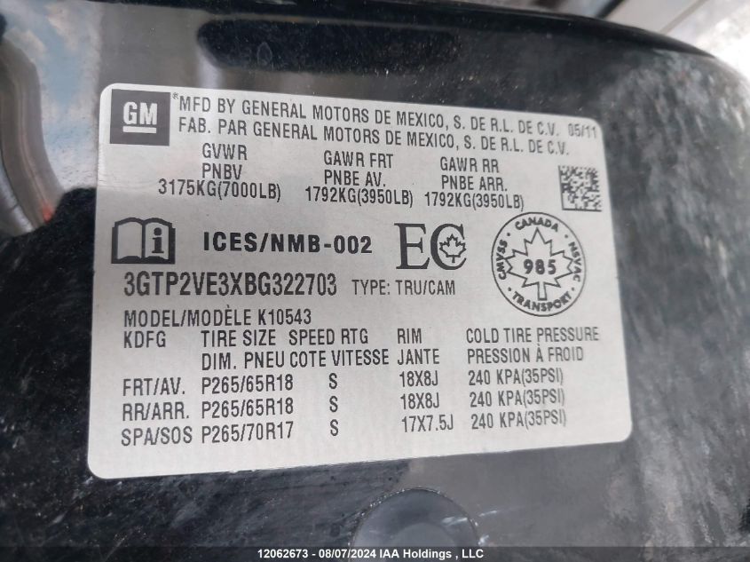 2011 GMC Sierra 1500 VIN: 3GTP2VE3XBG322703 Lot: 12062673