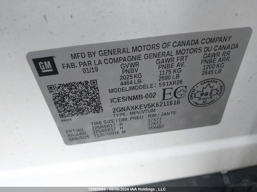 2019 Chevrolet Equinox VIN: 2GNAXKEV5K6211616 Lot: 12062683