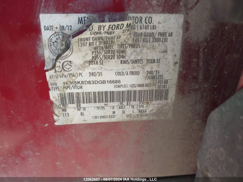 2013 Ford Explorer VIN: 1FM5K8D83DGB16686 Lot: 12062687