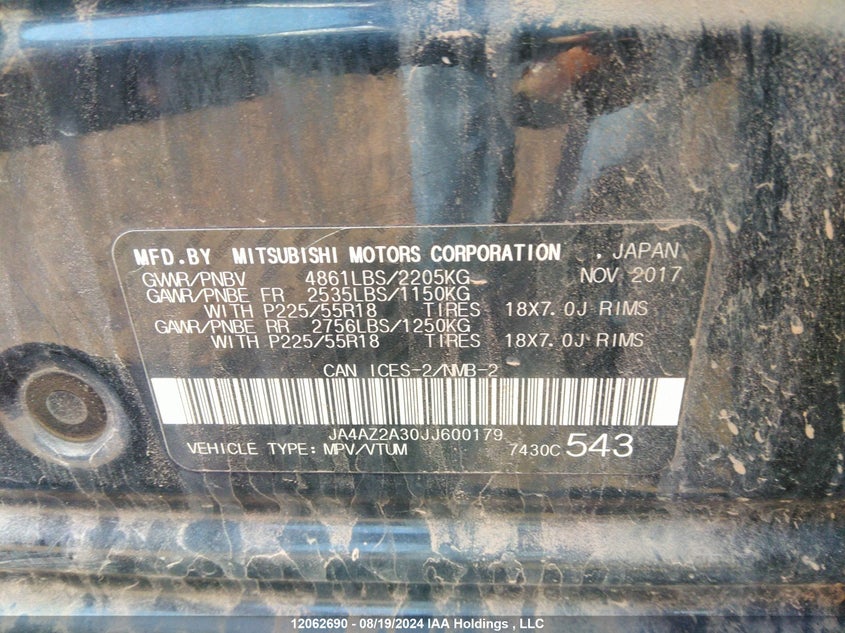 2018 Mitsubishi Outlander VIN: JA4AZ2A30JJ600179 Lot: 12062690