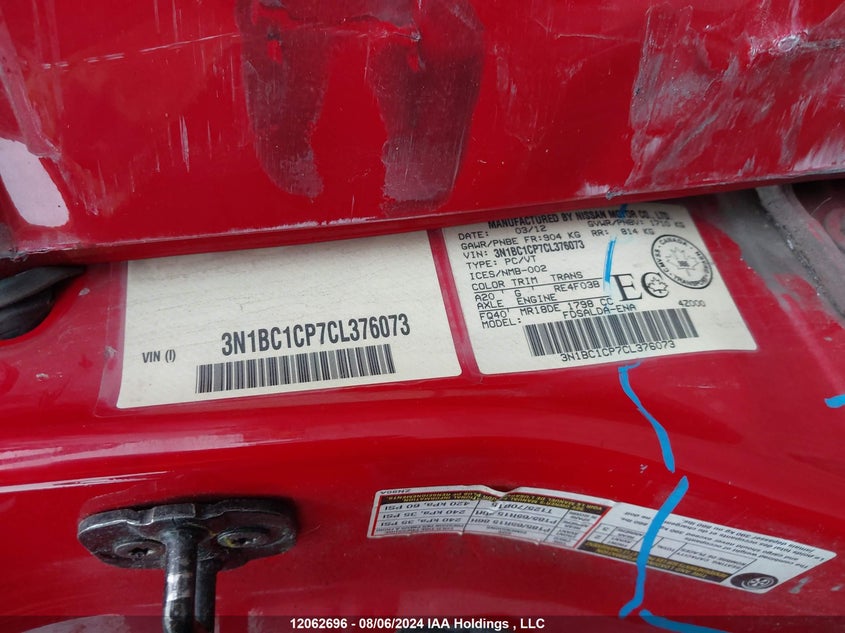 2012 Nissan Versa 1.8 S VIN: 3N1BC1CP7CL376073 Lot: 12062696