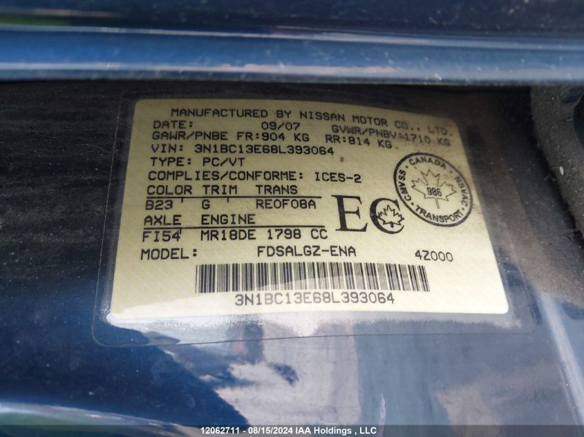 2008 Nissan Versa 1.8Sl VIN: 3N1BC13E68L393064 Lot: 12062711