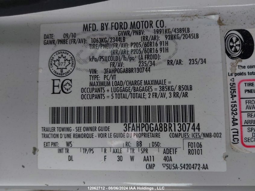 2011 Ford Fusion S VIN: 3FAHP0GA8BR130744 Lot: 12062712