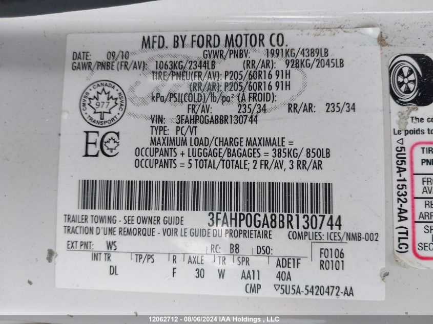 2011 Ford Fusion S VIN: 3FAHP0GA8BR130744 Lot: 12062712