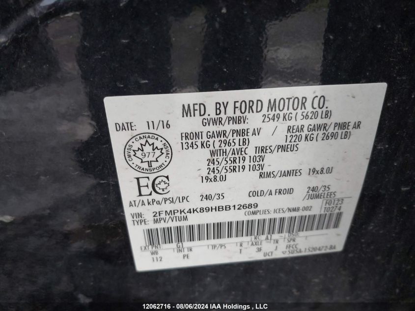 2017 Ford Edge Titanium VIN: 2FMPK4K89HBB12689 Lot: 12062716