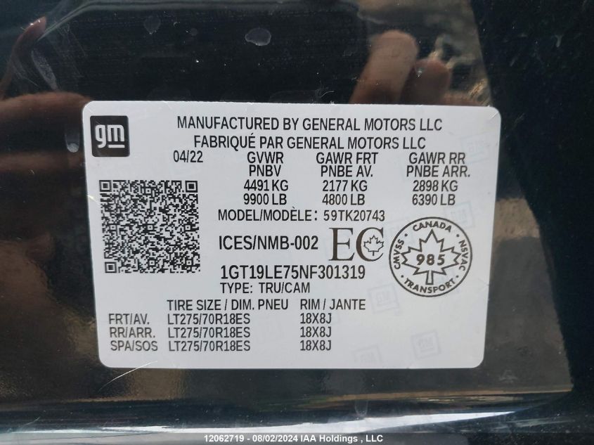 2022 GMC Sierra 2500Hd VIN: 1GT19LE75NF301319 Lot: 12062719