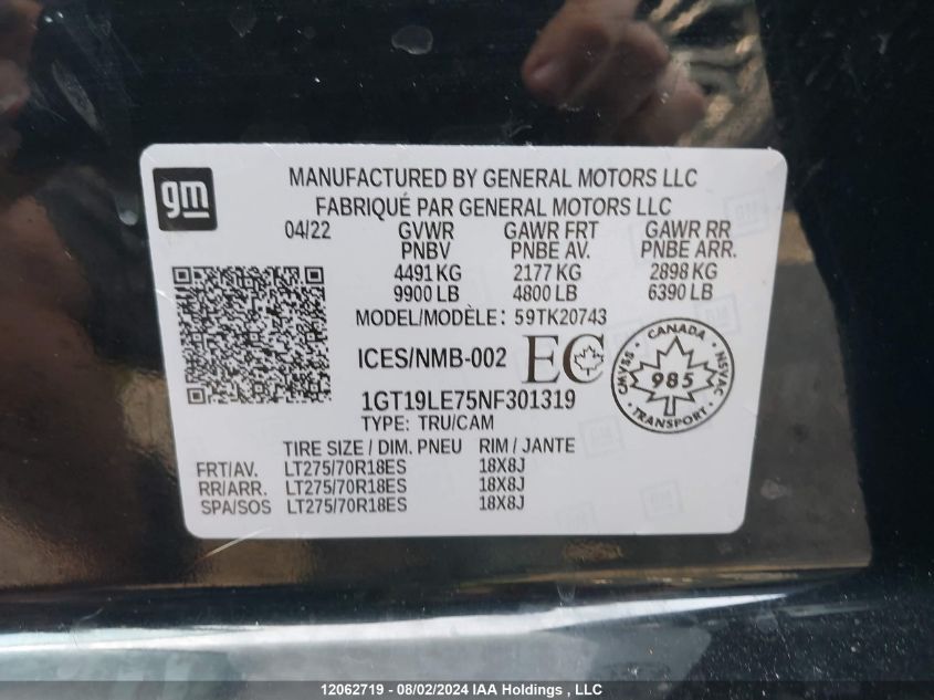 2022 GMC Sierra 2500Hd VIN: 1GT19LE75NF301319 Lot: 12062719