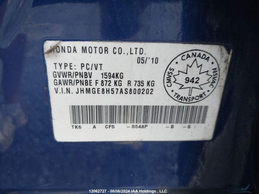 2010 Honda Fit VIN: JHMGE8H57AS800202 Lot: 12062727