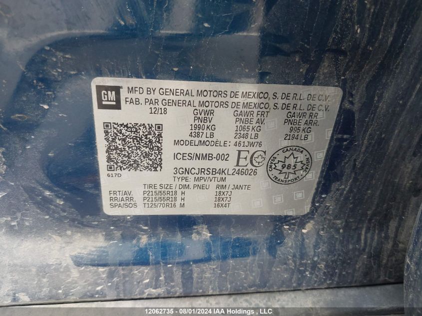 2019 Chevrolet Trax VIN: 3GNCJRSB4KL246026 Lot: 12062735