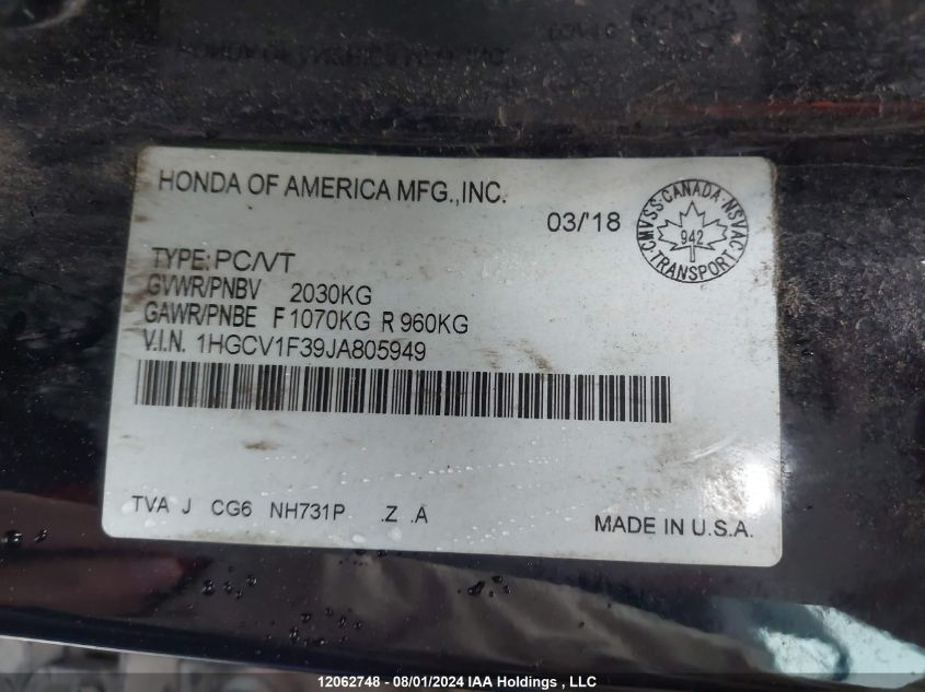 1HGCV1F39JA805949 2018 Honda Accord Sedan