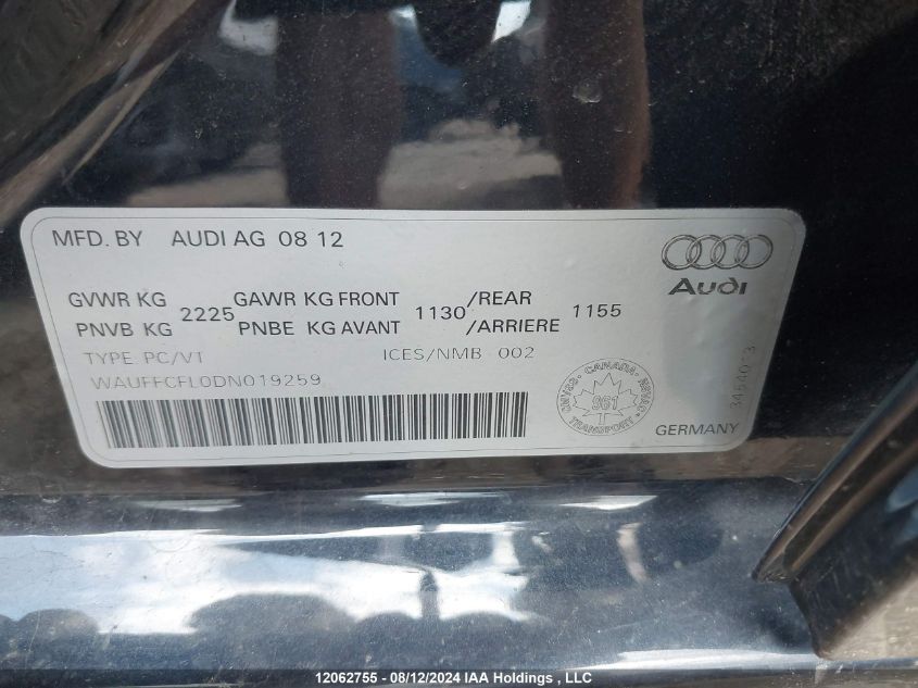 2013 Audi A4 VIN: WAUFFCFL0DN019259 Lot: 12062755